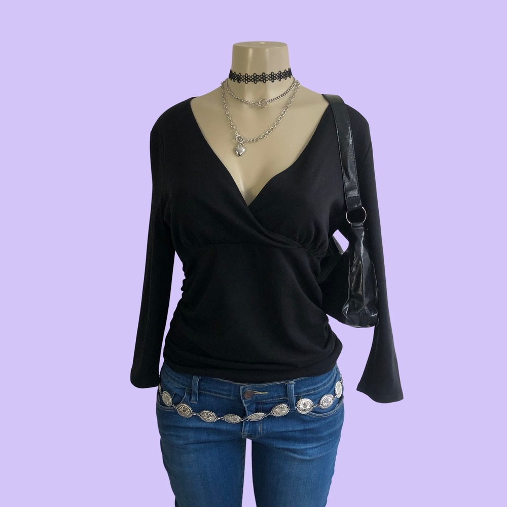 Vintage Y2K Bandolino Black Wrap Top V Neck Long Sleeve Empire Waist Womens M